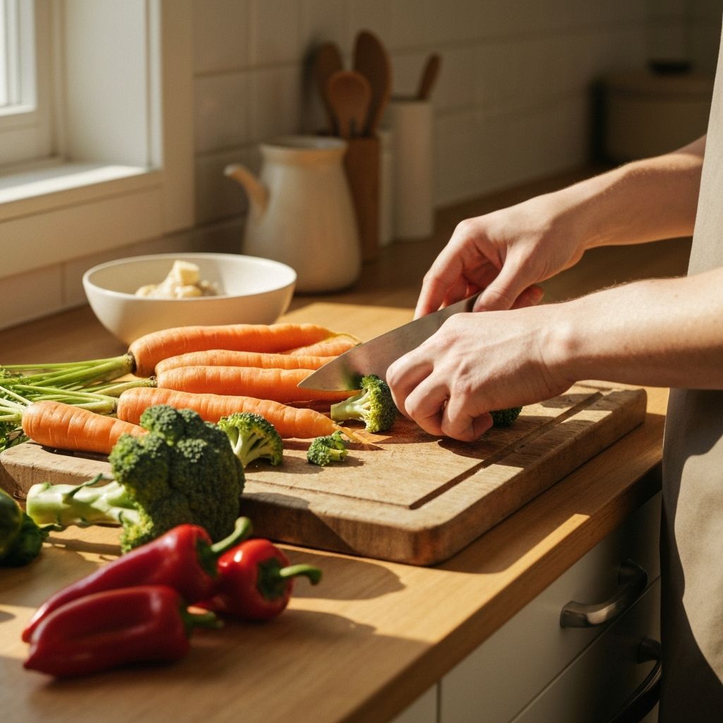 Χέρια προετοιμάζουν φρέσκα λαχανικά σε ελάχιστη κουζίνα, φυσικό φως ημέρας, ξύλινη σανίδα κοπής