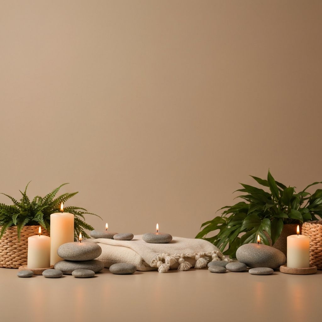 Ελάχιστος χώρος ευεξίας με φυσικά στοιχεία: κεριά, πέτρες, φυτά, ύφασμα σε ζεστές γήινες αποχρώσεις